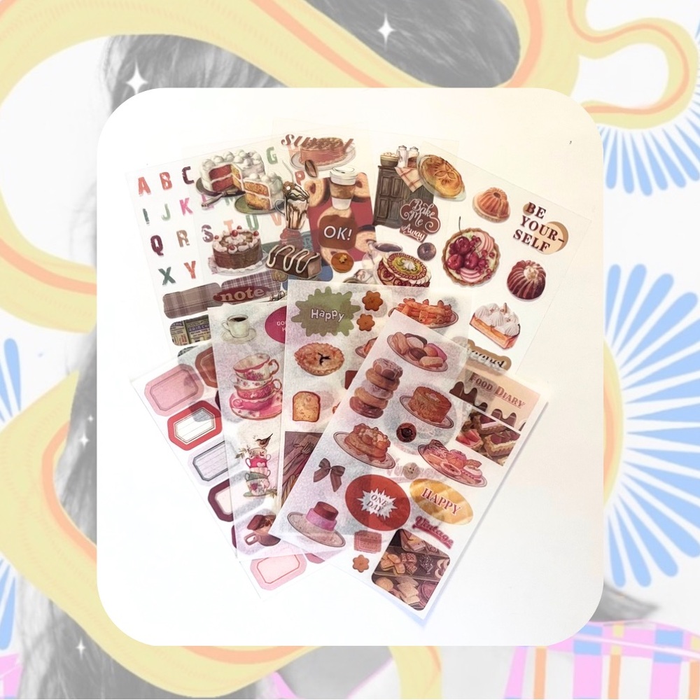 🆕 🎉 set of 8 red PET sticker sheets of food, labels, desserts, & planner decor